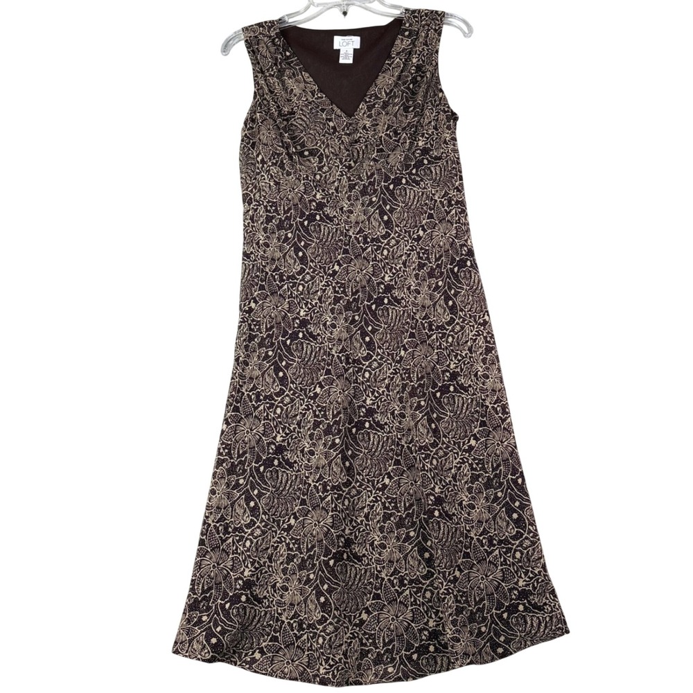 Ann Taylor LOFT 6 Brown Floral Midi Dress Sleeveless V-Neck A-Line Career Casual